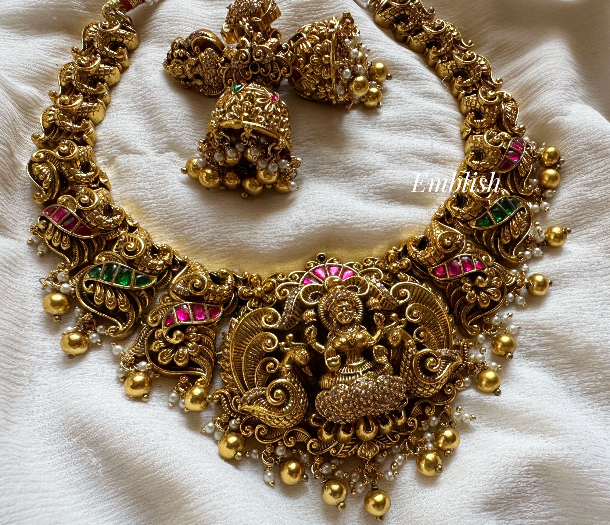 Kundan Jadau Lakshmi with 3d Double Peacock Short Neckpiece - Gold Beads